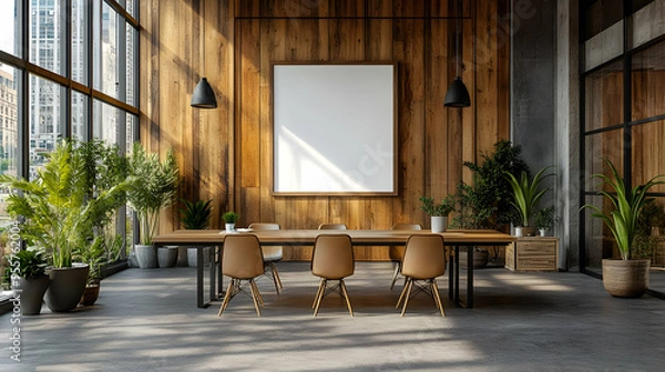 Obraz Modern conference room with wooden accents and plants.