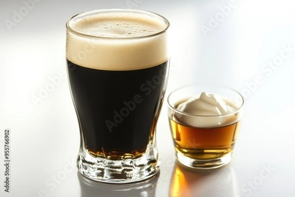 Fototapeta A Pint of Dark Beer with a Shot of Whiskey and Whipped Cream