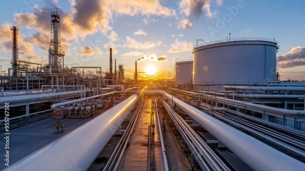 Fototapeta Massive oil storage tanks with safety warning signs and pipelines extending from them, highlighting the complexity of petroleum storage and handling