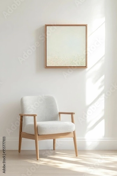 Fototapeta A minimalist sunlit room with a cozy chair and a serene painting on the wall