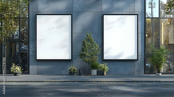 Fototapeta Two blank billboards on a modern building facade with greenery.