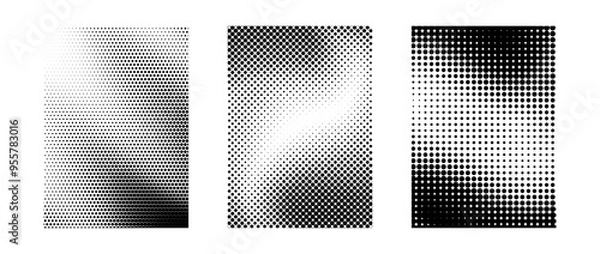 Obraz Grunge halftone gradient background set. Different black grit sand noise texture collection. Retro dotted pixelated raster backdrop pack. Comic polka dot overlay for banner, poster, print. Vector
