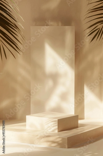 Fototapeta Creamy Beige Background with White Square Podium in the Center