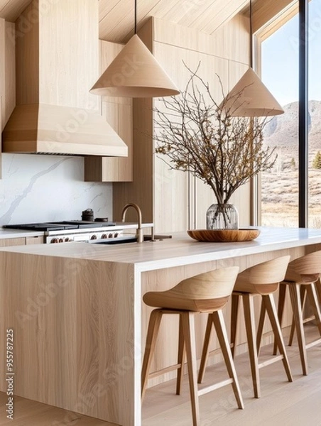 Obraz A modern kitchen with light wooden cabinets, integrated appliances, and an open-concept design