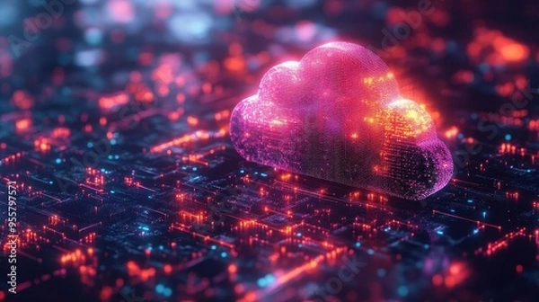 Fototapeta futuristic isometric cloud storage concept holographic data streams sleek minimalist design techinspired color palette