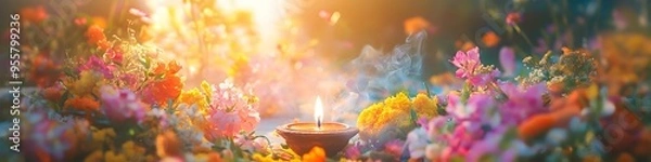 Fototapeta Traditional Indian background with diya lamp and colorful flowers. Hindu Puja. Festival Vishu celebration. Template with copy space for holiday Ugadi, Gudi Padwa, Diwali or Krishna Janmashtami