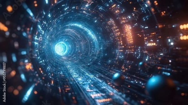 Fototapeta geometric wireframe camera blue holographic projections of cinematic elements floating spheres and debris in a futuristic digital space