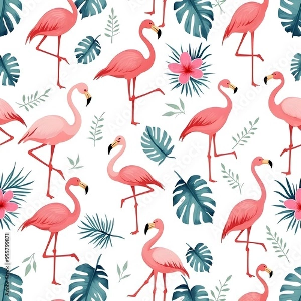 Fototapeta Flamengo and tropical leaf patterns background. Generative ai