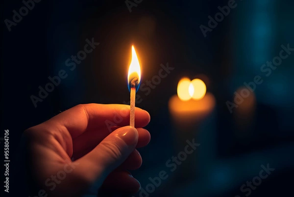 Fototapeta A hand holding a lit match against a dark background, illuminating the surroundings with a warm glow from nearby candles.