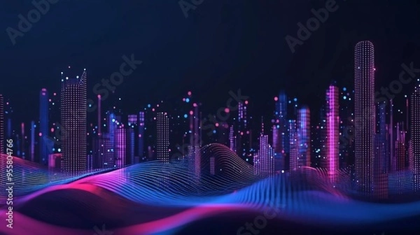 Obraz Smart city and abstract dot point connect with gradient line and aesthetic Intricate wave line design , nice big data connection technology concept