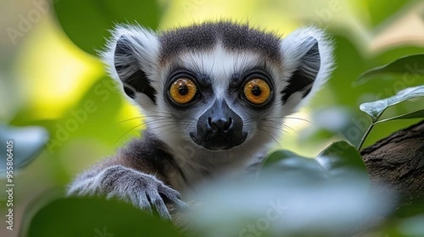 Fototapeta inquisitive ringtailed lemur scaling tree trunk striking black and white fur expressive eyes long tail lush green foliage background soft natural lighting wildlife portrait