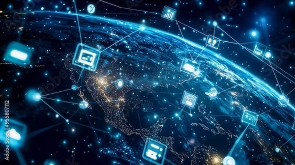 Fototapeta Tech devices and icons connected to digital planet earth are good