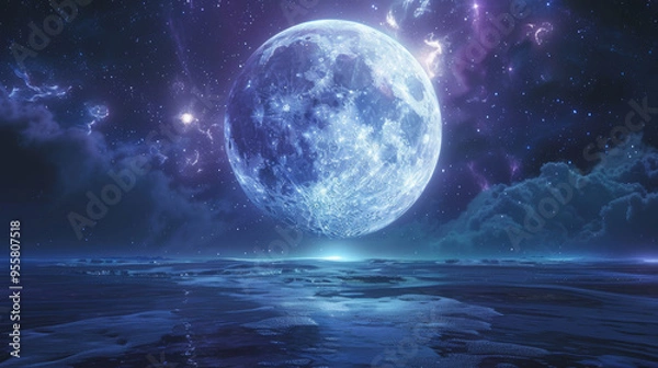 Fototapeta A 3D white moon with a glowing texture surface on beautiful relaxing wave wide ocean gradient night cinematic design purple blue dreamy refresh background