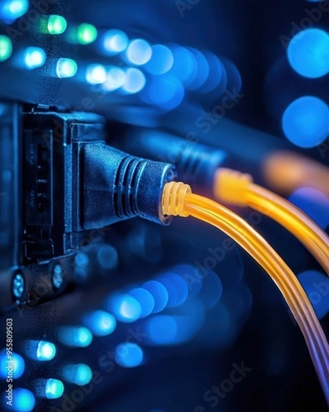 Fototapeta Close-up of network cables connected to a server, illuminated by vibrant blue and orange lights, symbolizing connectivity and technology.