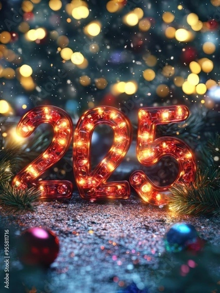 Fototapeta Colorful illuminated numbers 2025 displayed against a dark background, surrounded by vibrant holiday lights creating a festive atmosphere