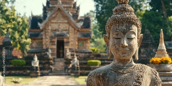 Fototapeta Ancient Buddha Statue in Temple with Blurred Background