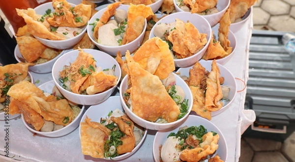 Fototapeta Bakso Malang, meatball soup from Malang, East Java served with noodles, tofu, and fried pangsit or dumplings