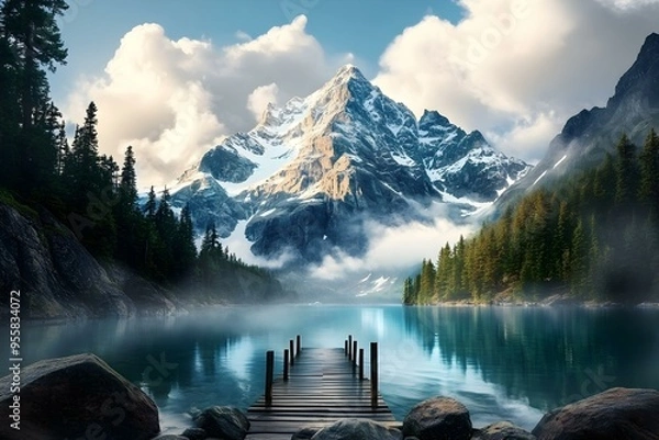 Obraz majestic mountain peak, peaks adorned with snow and surrounded by dense forests, rock and water