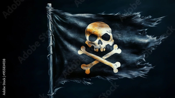 Fototapeta Eerie pirate flag with skull and crossbones, glowing in dark, fluttering in wind.