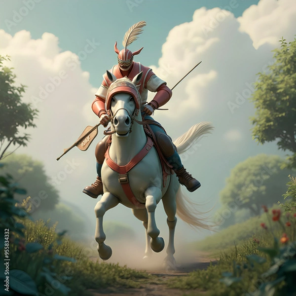 Fototapeta 3D fantasy animal with white nose and feathers, with red and white helmet with Swift Out sign, against gray clouds, river and green forest 