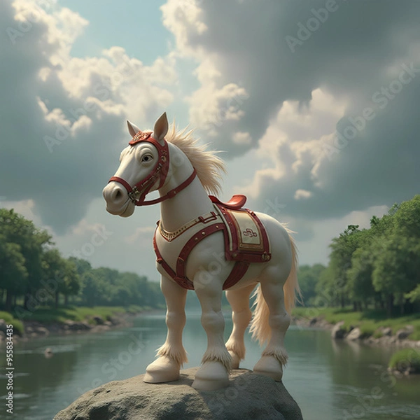 Fototapeta 3D fantasy animal with white nose and feathers, with red and white helmet with Swift Out sign, against gray clouds, river and green forest 