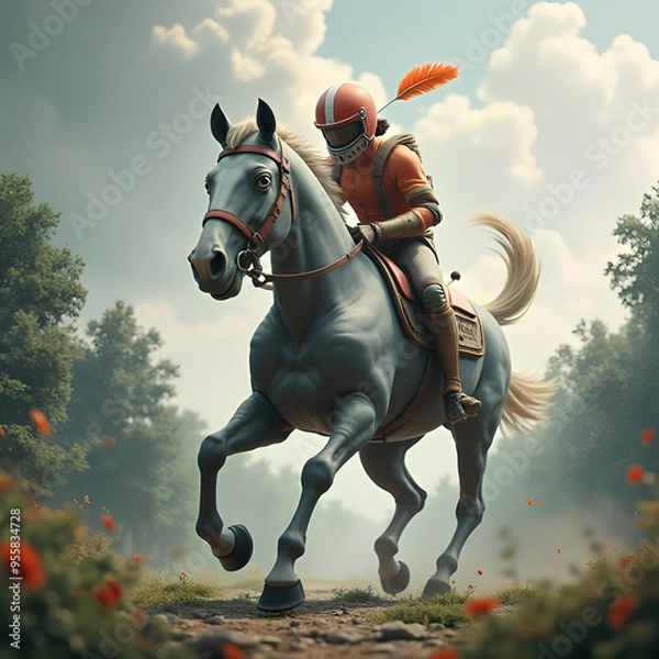 Fototapeta 3D fantasy animal with white nose and feathers, with red and white helmet with Swift Out sign, against gray clouds, river and green forest 
