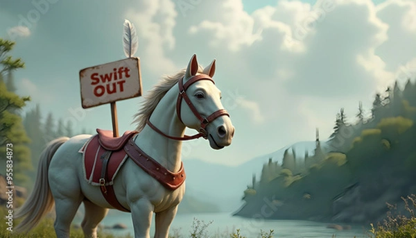 Fototapeta 3D fantasy animal with white nose and feathers, with red and white helmet with Swift Out sign, against gray clouds, river and green forest 