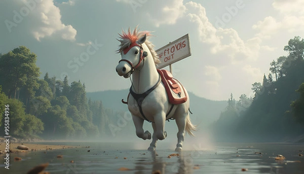 Fototapeta 3D fantasy animal with white nose and feathers, with red and white helmet with Swift Out sign, against gray clouds, river and green forest 