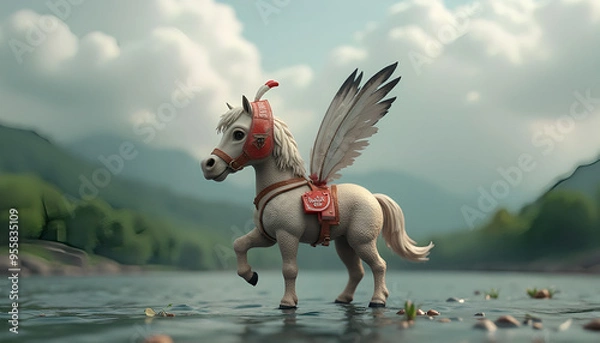Fototapeta 3D fantasy animal with white nose and feathers, with red and white helmet with Swift Out sign, against gray clouds, river and green forest 