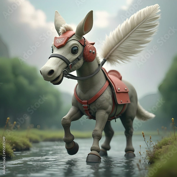 Fototapeta 3D fantasy animal with white nose and feathers, with red and white helmet with Swift Out sign, against gray clouds, river and green forest 