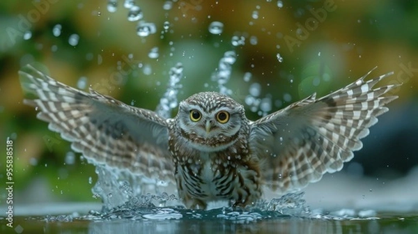 Obraz Wild Little Owl Landing on Old Water Tap During Landing Approach