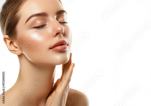 Fototapeta A beautiful woman face with closed eyes and smooth skin on white background