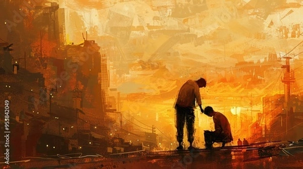 Fototapeta A modern day Good Samaritan helping a person in need cityscape background