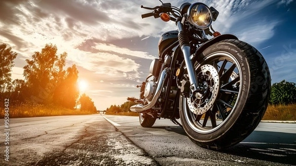 Obraz motorbike on the road riding. having fun riding the empty highway on a motorcycle tour / journey Tire Front side