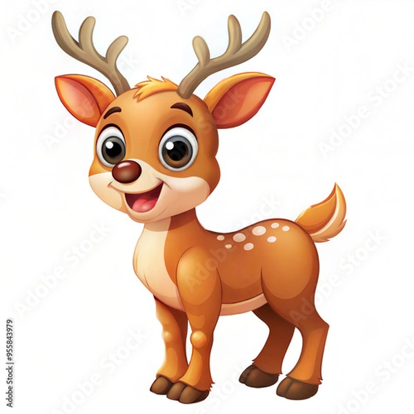 Fototapeta Cheerful cartoon reindeer character with a friendly smile on a white background