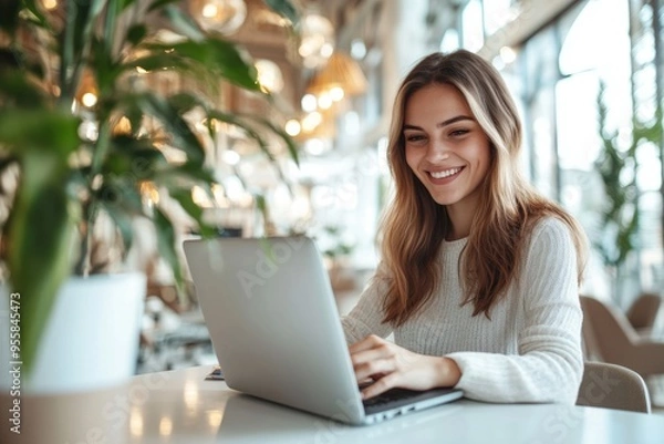 Obraz A high-resolution photograph of a young woman marketer, smiling as she works on her laptop in a bright, elegant office setting