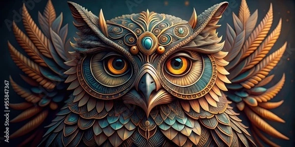 Fototapeta Intricately designed owl with detailed feather patterns, owl, bird, wildlife, animal, feathers, intricate, design, pattern