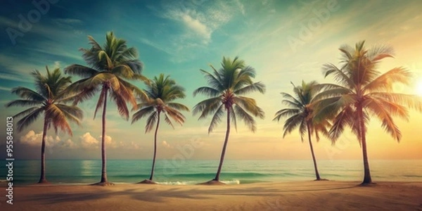 Fototapeta Vintage beach palm tree with pastel colors and soft gradient background, retro, beach, palm tree, tropical, colorful