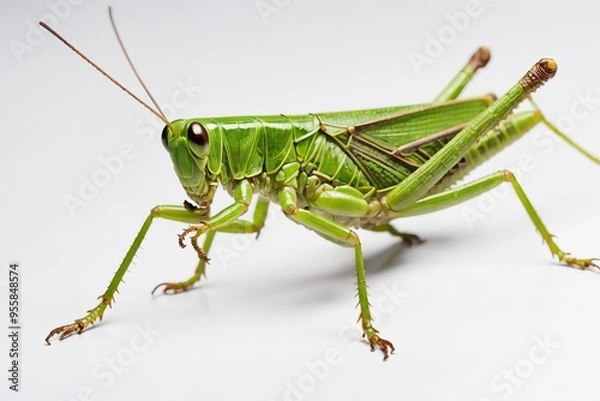 Fototapeta Green grasshopper isolated on white background, close-up shot