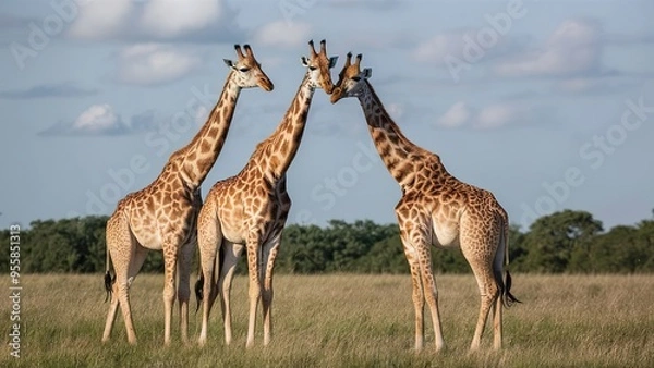 Fototapeta Three giraffes on safari environment savanna concept nature wildlife
