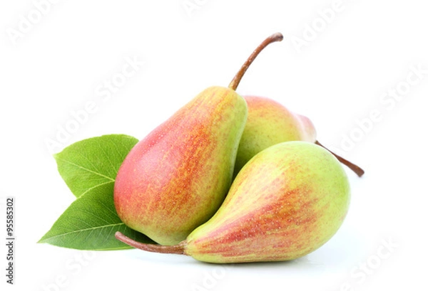 Fototapeta Three pears with leaves.