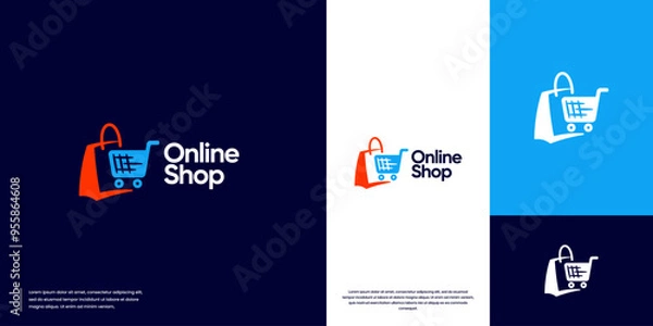 Fototapeta paper shopping bag and shopping cart, online shopping, easy and fast, logo design illustration.
