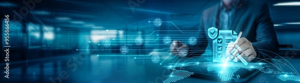 Fototapeta Compliance. Businessman drawing global structure networking compliance graph and on office table with tab, adhering to regulations and policies to ensure secure data management and ethical practices.