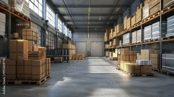 Fototapeta Neatly Stacked Boxes and Equipment in a Spacious Warehouse: Organized Storage Area for Various Products