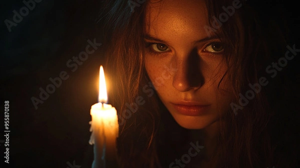 Fototapeta a girl preying and a single candle illuminated her face
