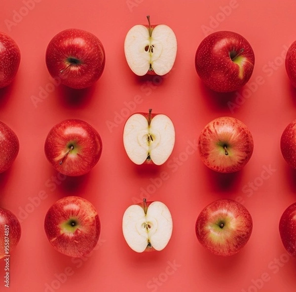 Fototapeta red apples pattern, pastel red background, copy space, three apples cut in half