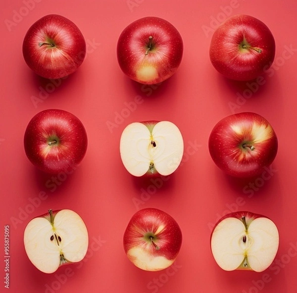 Fototapeta red apples pattern on pastel red background, flatlay