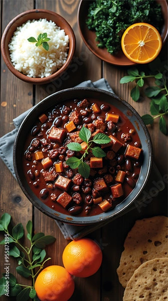 Obraz Traditional Brazilian Feijoada with Rice, Orange Slices, and Collard Greens