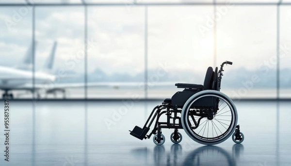 Fototapeta Airport reserved seating, wheelchair user waiting for a flight