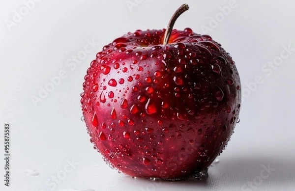 Fototapeta red apple with water drops on it, macro photography, white background